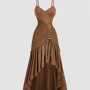 Elegant Brown Lace-Up Dress